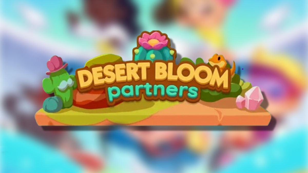 The Desert Bloom Partners Event logo on top of a blurred Monopoly GO background in an article detailing the rewards and milestones you can earn during this event