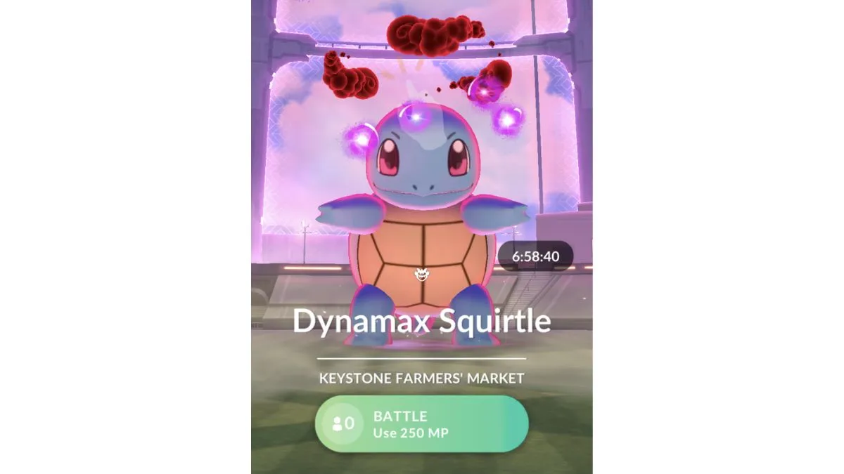 Screenshot of the pre-battle screen for a Dynamax Squirtle Max Battle in Pokemon GO