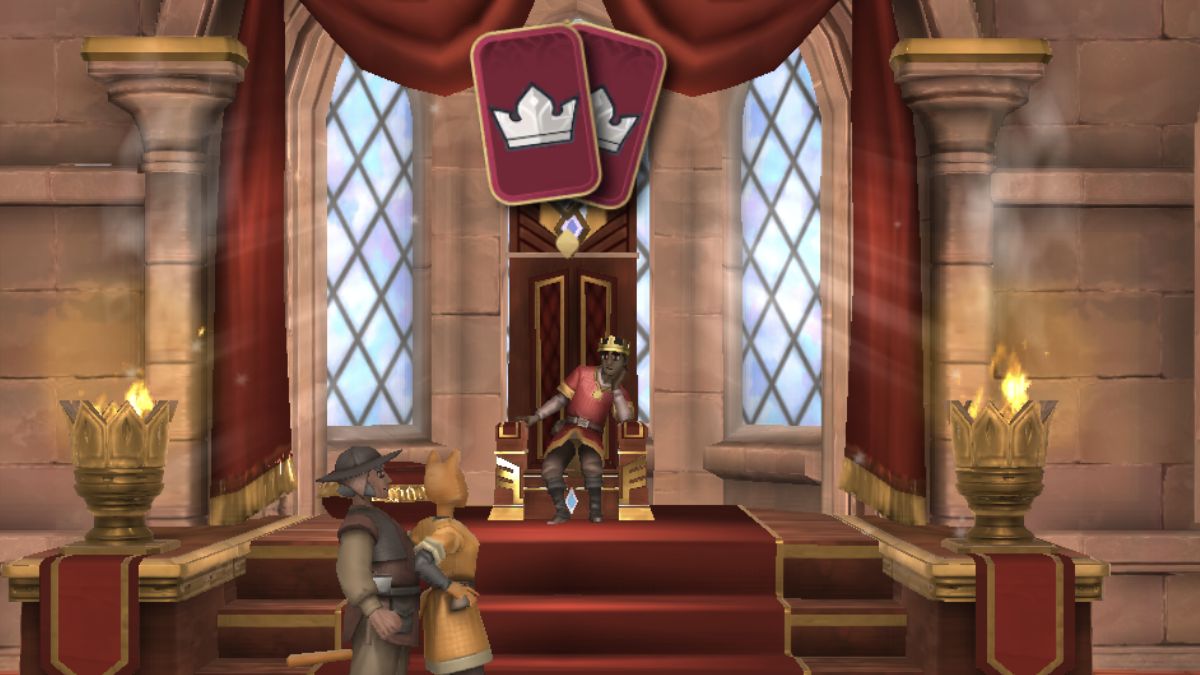 Screenshot of a ruler on the throne in Elder Scrolls Castles, looking thoughtful as his subjects approach the throne