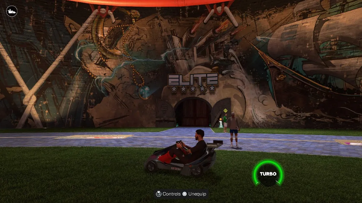 The exterior of the Elite Faction in NBA 2K25 which has a large pirate ship painted on the wall and a tunnel-like door