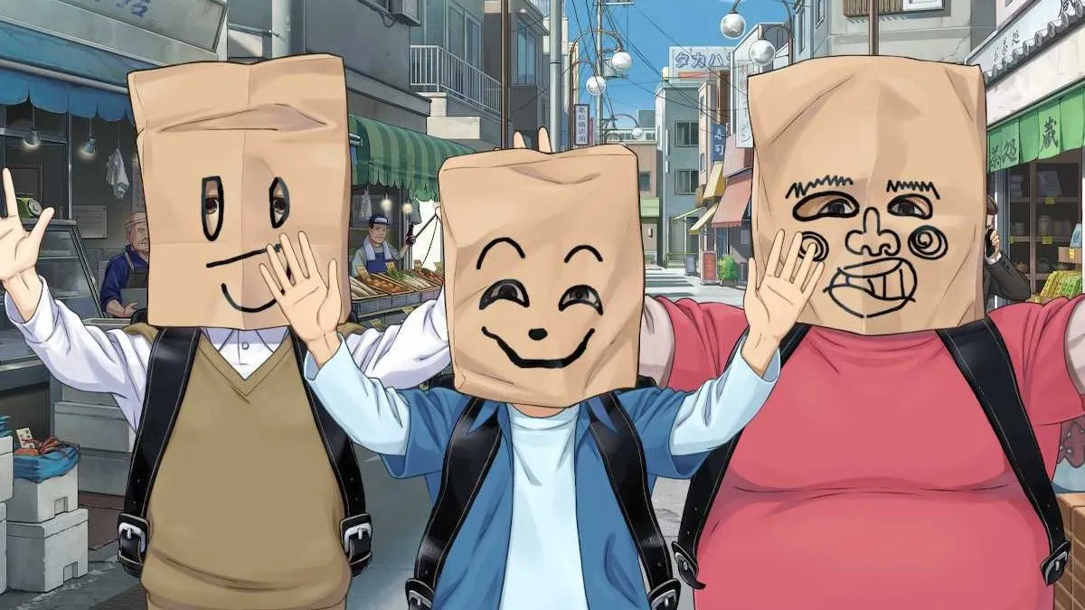 Kids wearing Emio Masks in Emio: The Smiling Man