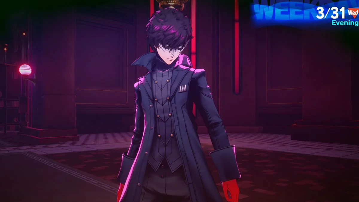 Image of Joker staring at someone off sccreen while he stands in a large dark chamber at the end of the Monad Door Gauntlet in Persona 3