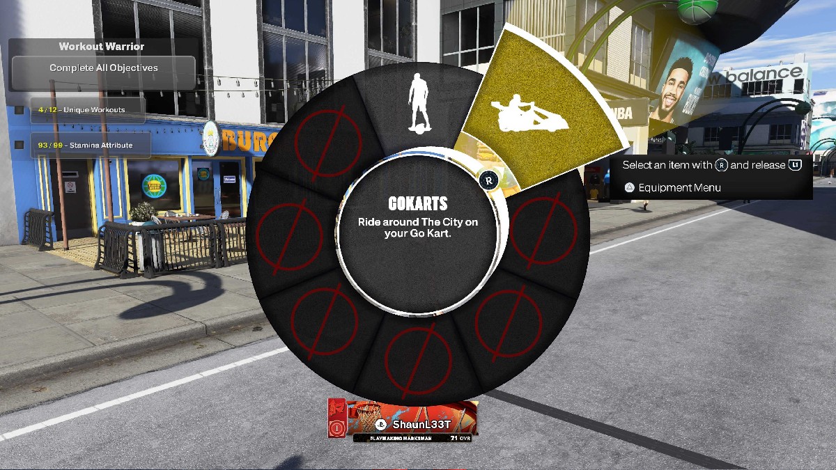 Go-Kart in the Equipment Wheel in NBA 2K25, opened while the player stands on the street 