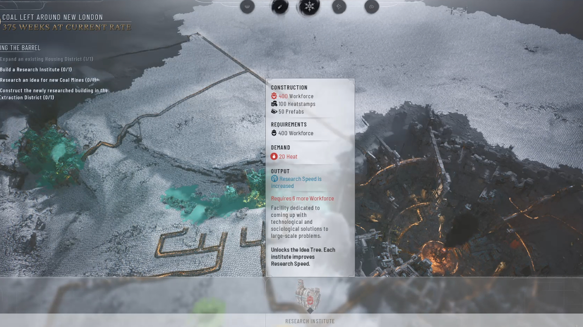 Building a Research Institute in Frostpunk 2., featuring a menu imposed over a crater 