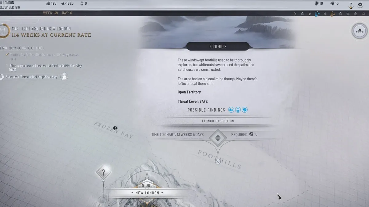 Image of the map in Frostpunk 2, with the cursor hovering over a white section called Foothills 