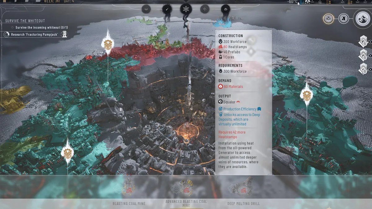 Image of a large circular mine in Frostpunk 2 with the cursor hovering over it showing the construction, requirements, demands, and output 