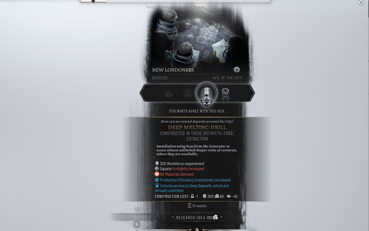 Image of a white background with a menu displaying the New Londoners and the Deep Melting Drill in Frostpunk 2