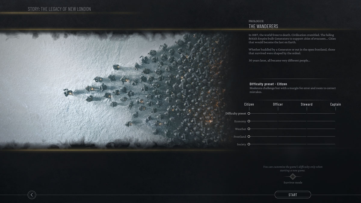 Image of the settings in Frostpunk 2, featuring an image of dozens of people charging across the white snow beside a handful of options on the other side of the screen