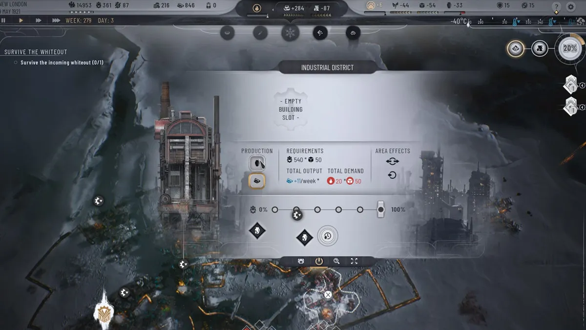 A bird's eye view of the Frostpunk 2 map with a menu for the Industrial District open showcasing the requirements and outputs