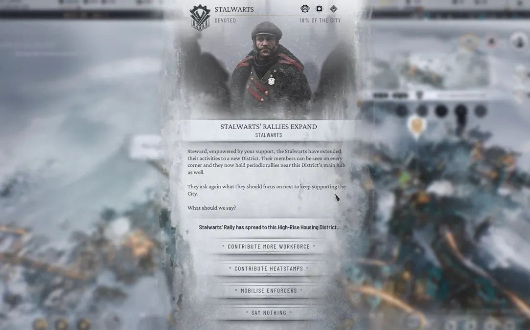 Image of the Frostpunk 2 event Stalwarts' Rallies Expand, with the player receiving the option to contribute a variety of resources 