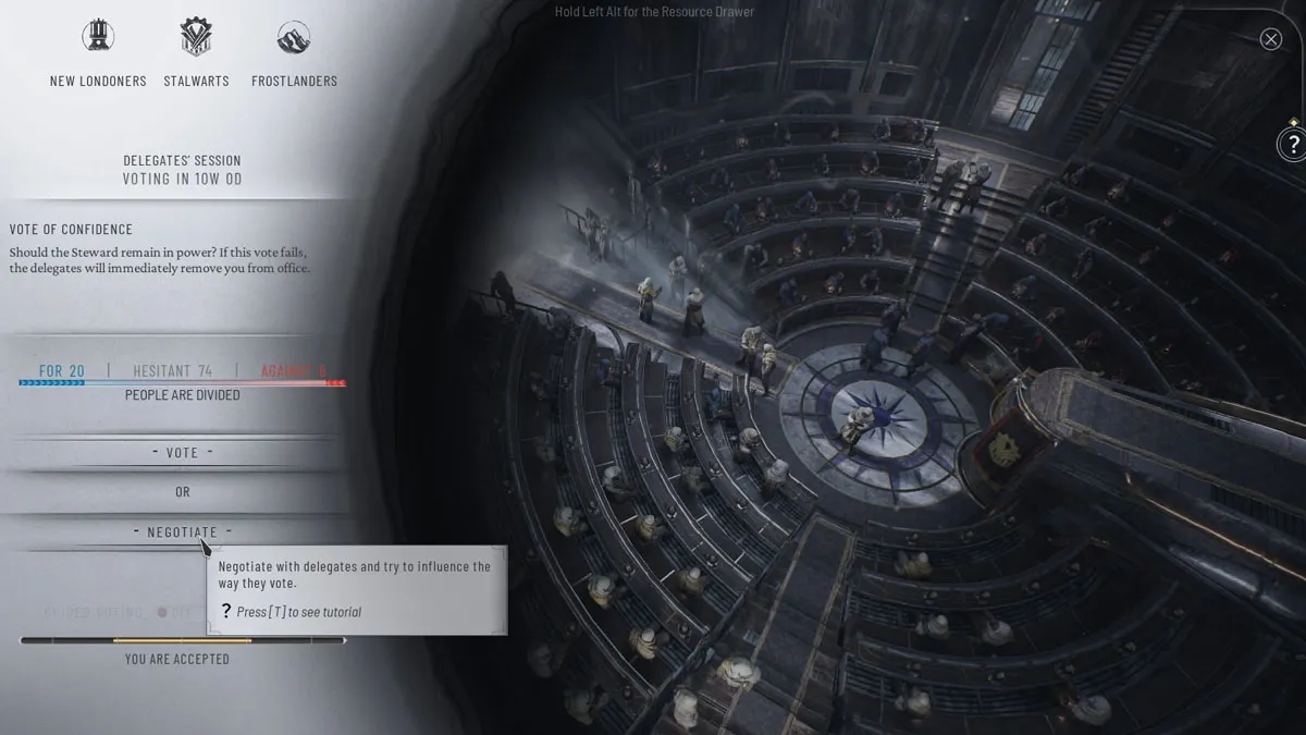 Image of a circular council hall seen from above in Frostpunk 2, with a menu to the left showing the vote of confidence 