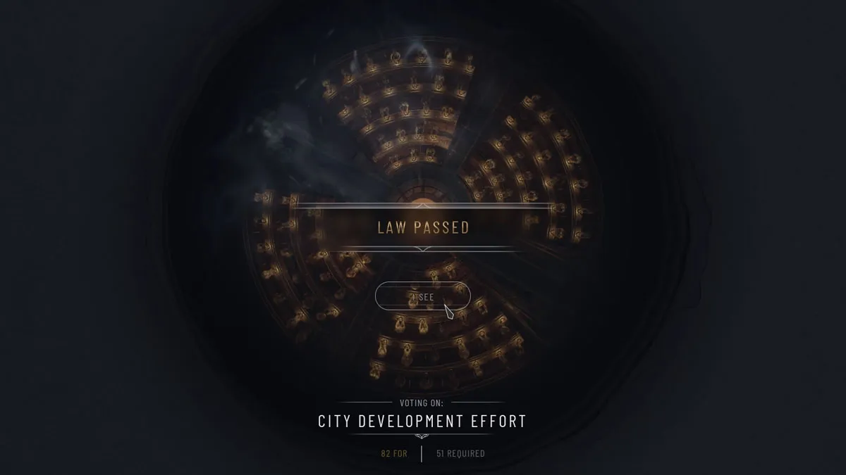 Image of a circular voting chamber in Frostpunk 2, with all those who voted to pass it highlighted in gold 