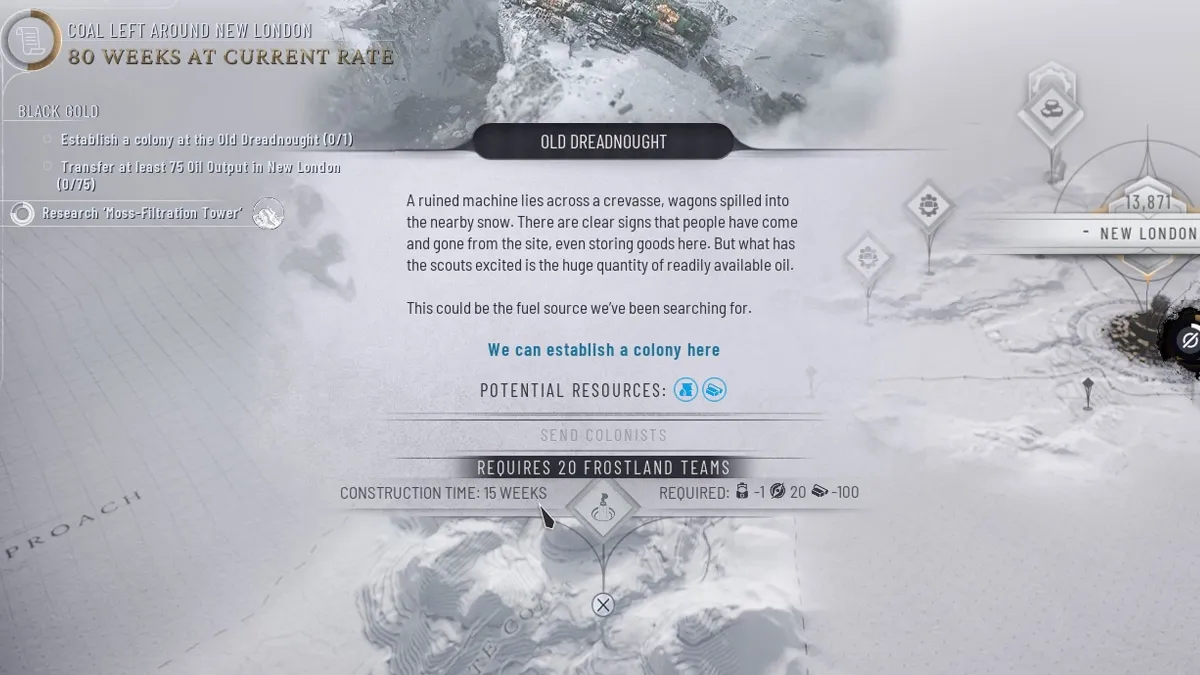 Image of a team exploration report describing the Old Dreadnought in Frostpunk 2