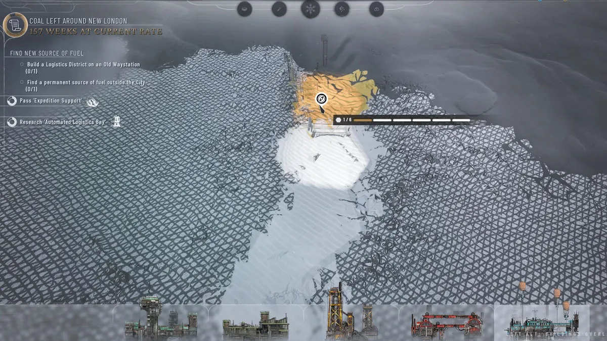 Image of a map in Frostpunk 2 with a focus on the Old Waystation