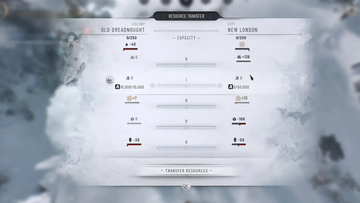 Image of the transfer resource screen, with the Old Dreadnought selected to transfer resources to New London in Frostpunk 2