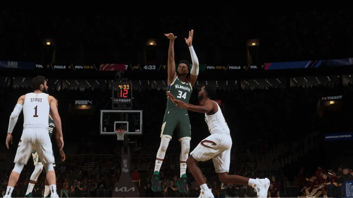 The Milwaukee Bucks shooting a shot in a review of NBA 2K25