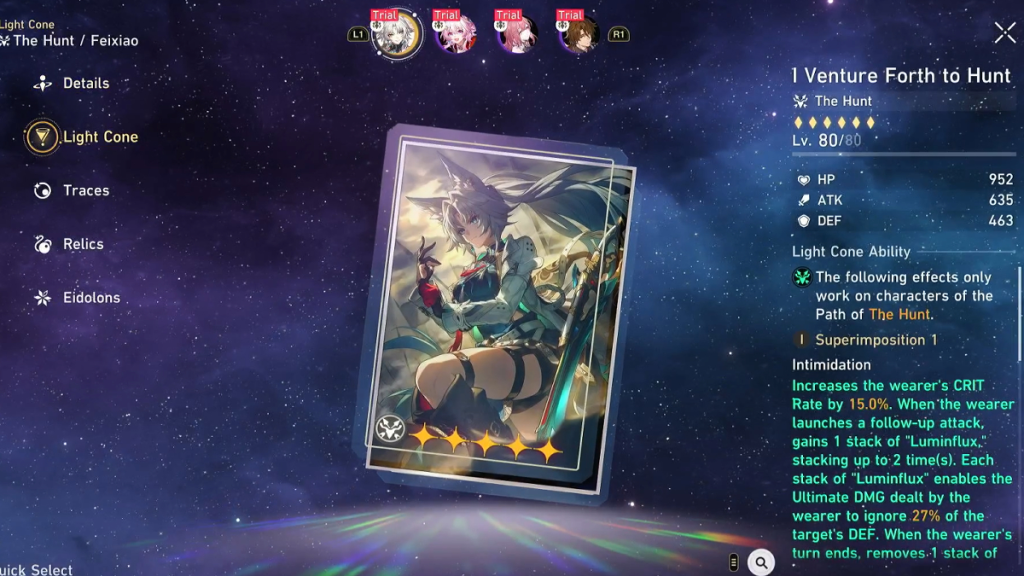 Image of Feixiao's card on the Light cone menu in the trial select screen in Honkair Star Rail