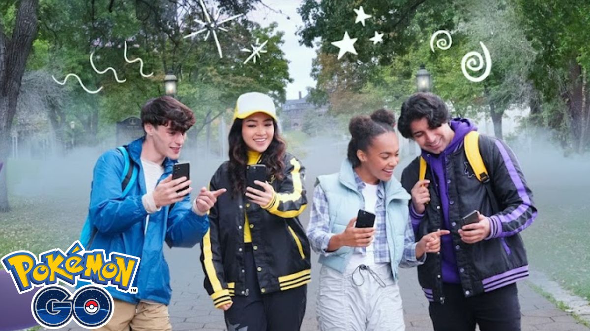 Image of several people holding up their phones, sharing in a game of Pokemon GO