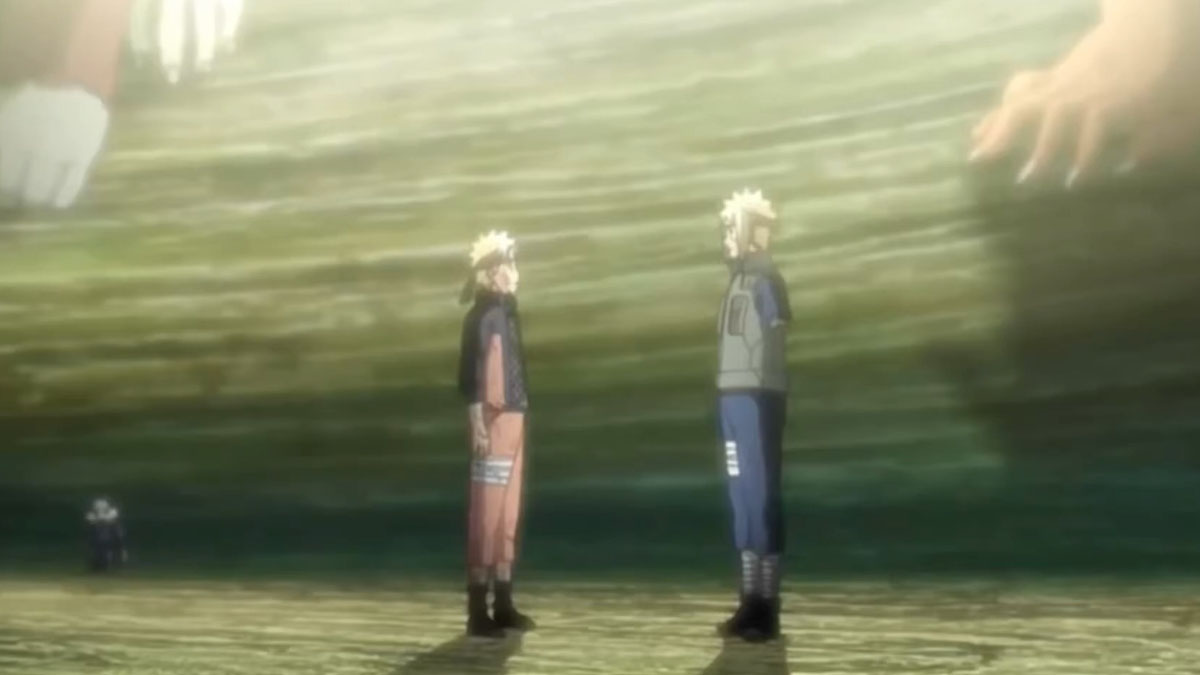 Naruto stands across from his father in a large open space in Naruto