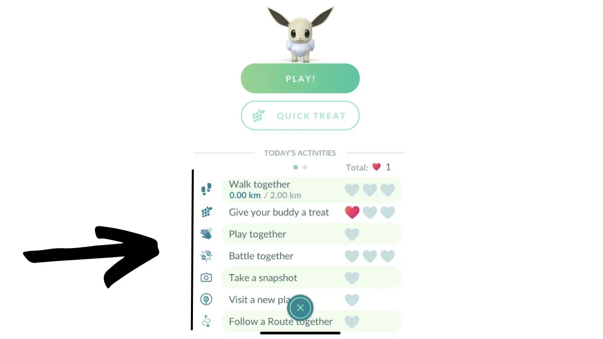 Screenshot showing the various buddy activities in Pokemon GO, with an arrow pointing to the list