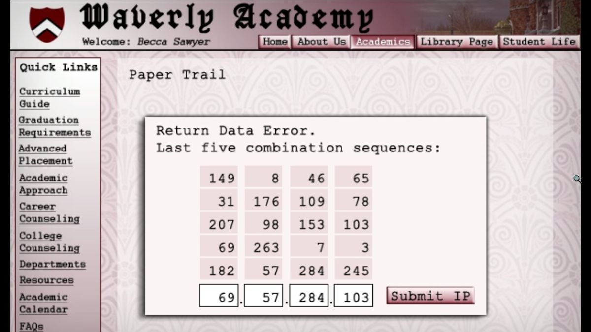 Screenshot of the correct numbers for the IP address puzzle in Nancy Drew Warnings at Waverly Academy