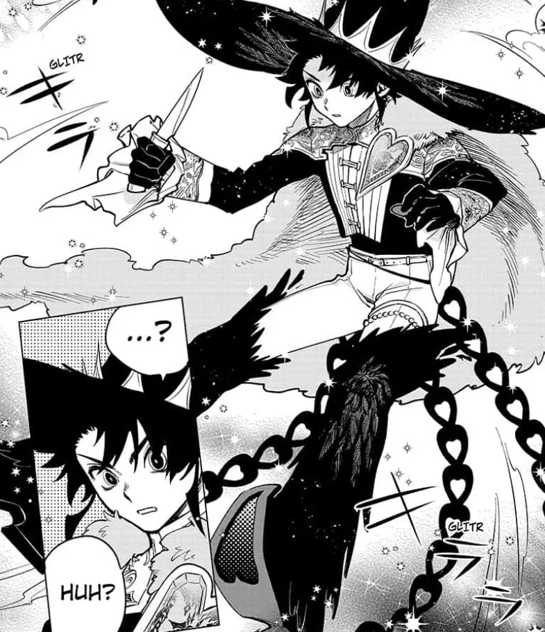 A manga panel of Ichi holding a dagger as dark crow-like feathers extend across his legs, a look of surprise on his face in Ichi the Witch