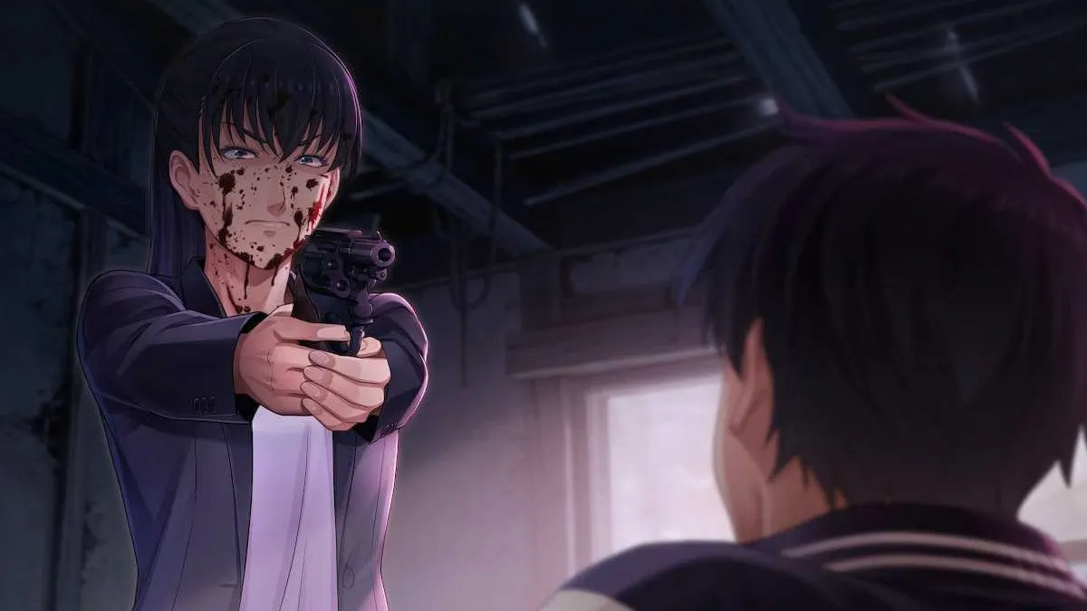 Kuze pointing a revolver at our heads in Emio: The Smiling Man Chapter 12