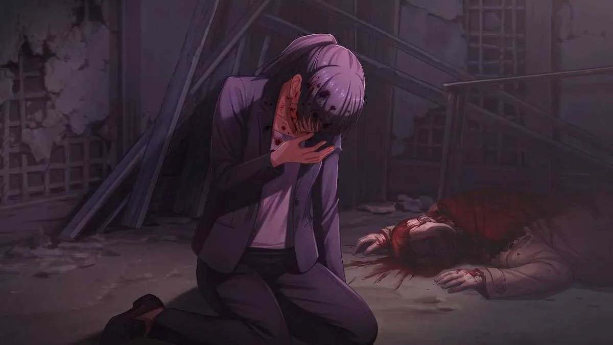 Kuze near Tsuzuki's lifeless body in Emio: The Smiling Man