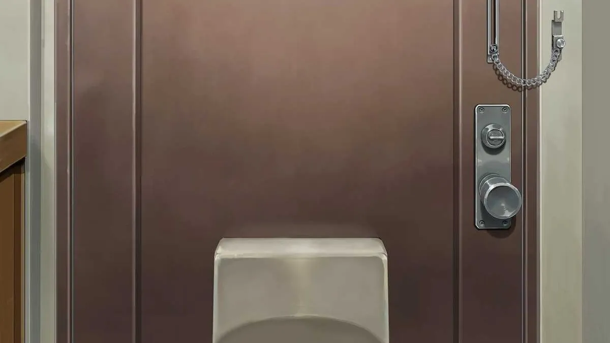 The outside door of Kuze's Apartment in Emio: The Smiling Man