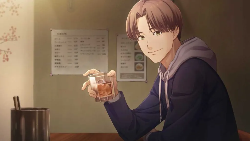 Kamihara having a drink in Emio: The Smiling Man