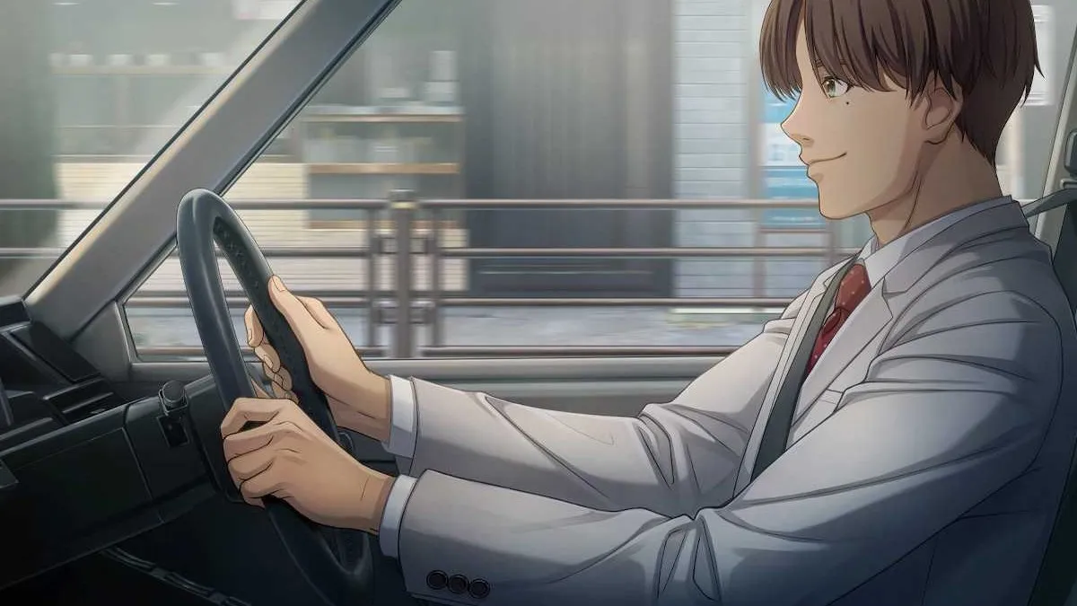 Kamihara driving in Emio: The Smiling Man