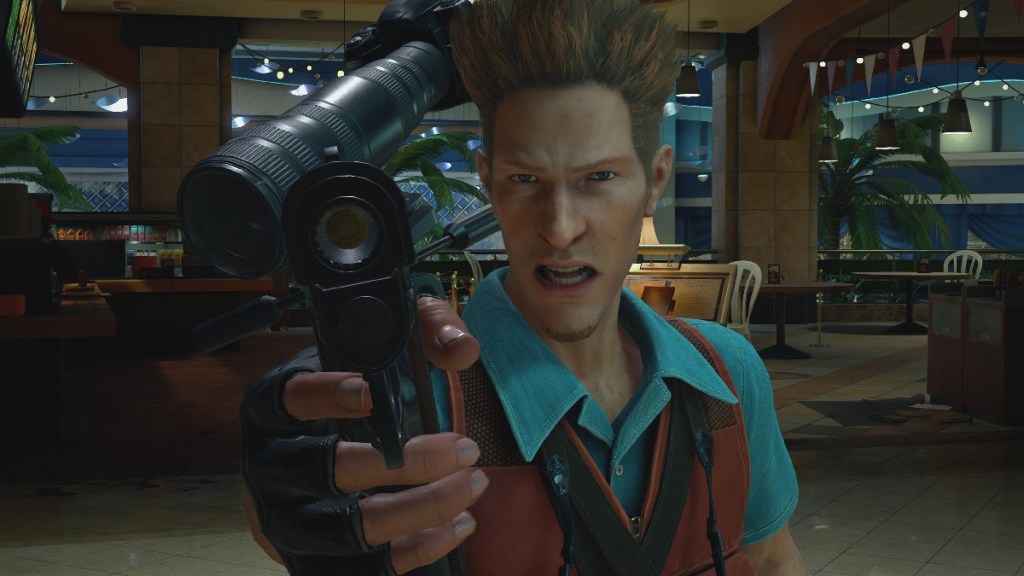 Kent holding a gun up to Frank in Dead Rising Deluxe Remaster