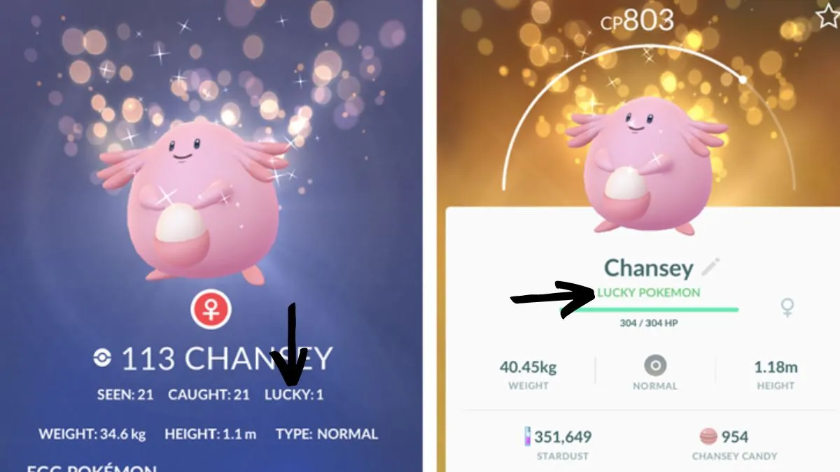 Screenshots showing a Lucky Chansey in Pokemon GO