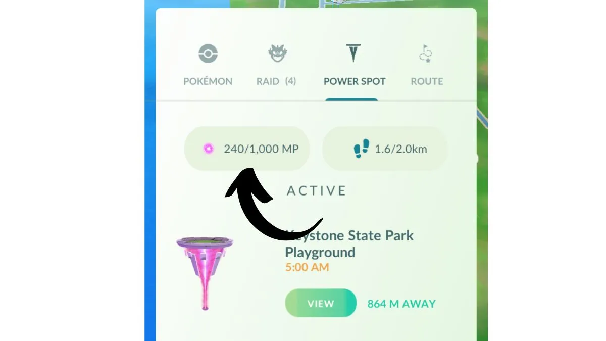 Screenshot showing where to find the information on the MP Total and MP Cap in Pokemon GO