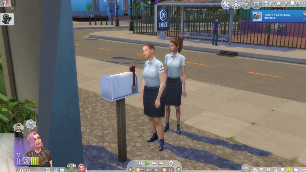 Screenshot showing two mail carriers standing outside a mailbox in The Sims 4, part of the glitches in the Grim Reaper event