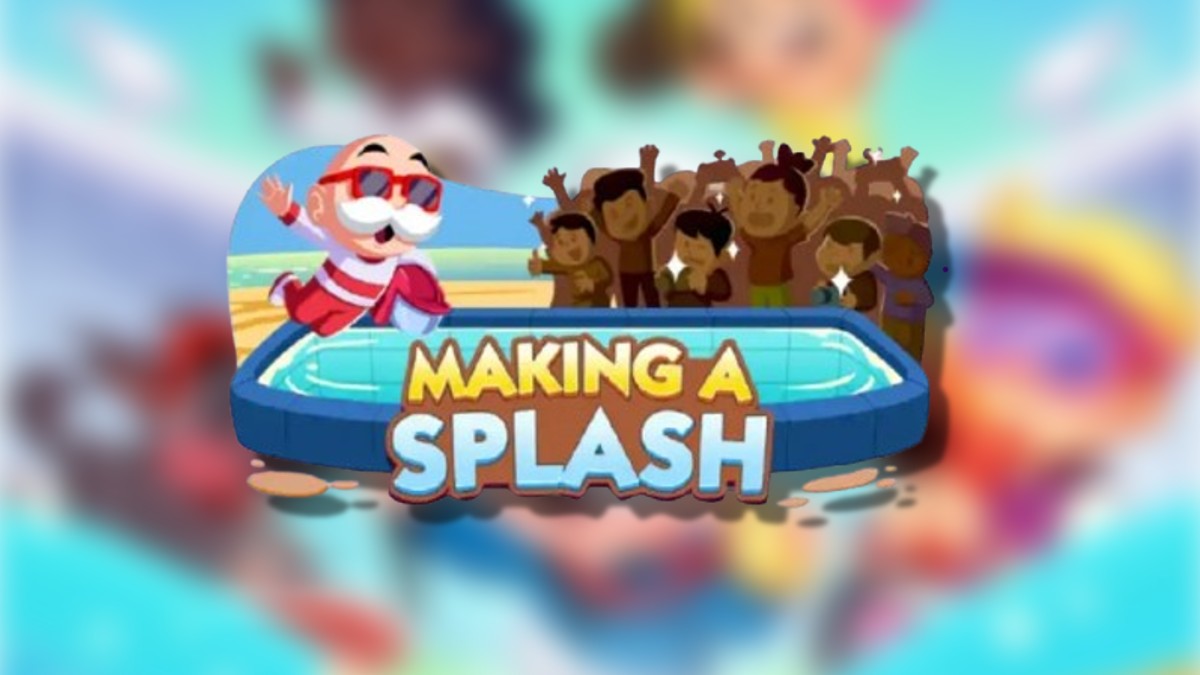 The Making a Splash logo on top of a blurred Monopoly GO background in an article detailing the rewards and milestones players can earn during this event