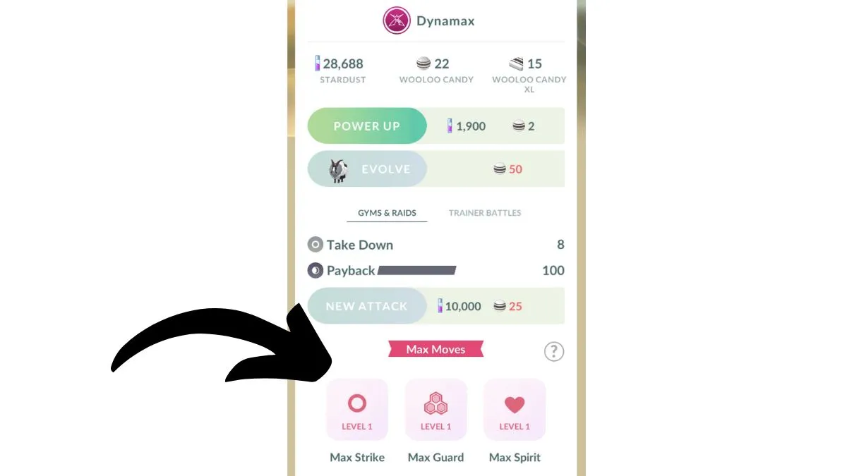 Screenshot showing where to find Max Moves in Pokemon GO