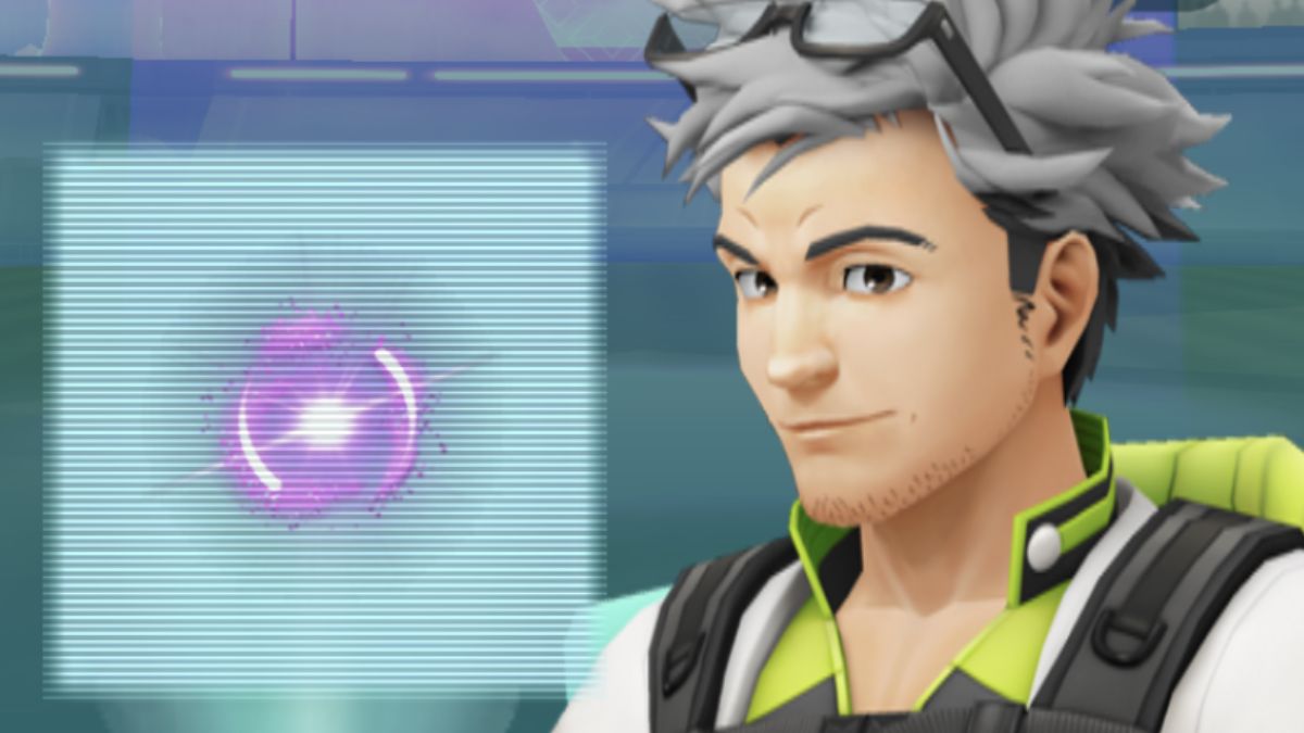 Professor Willow standing next to an image of a Max Particle in Pokemon GO