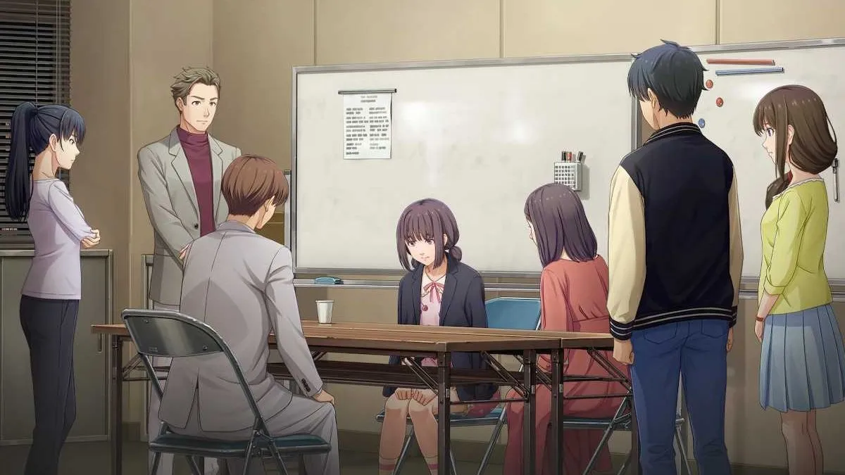 Megumi surrounded by other characters in Emio: The Smiling Man