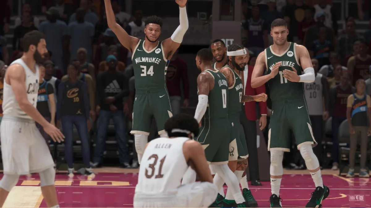 The Milwaukee Bucks celebrating in NBA 2K25 in a review of the game