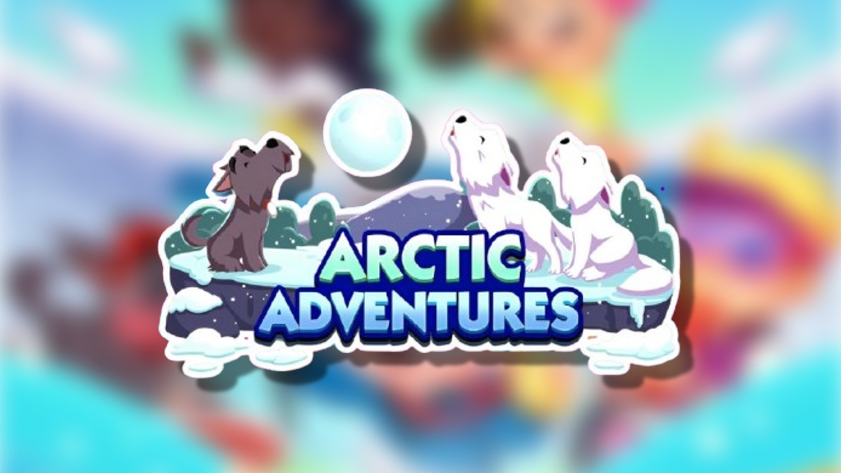 The Monopoly GO Arctic Adventures logo on top of a blurred Monopoly GO background in an article detailing the rewards and milestones players can earn during this event