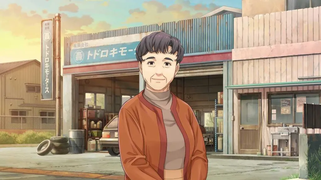 Mrs. Todoroki outside of Todoroki Motors in Emio: The Smiling Man