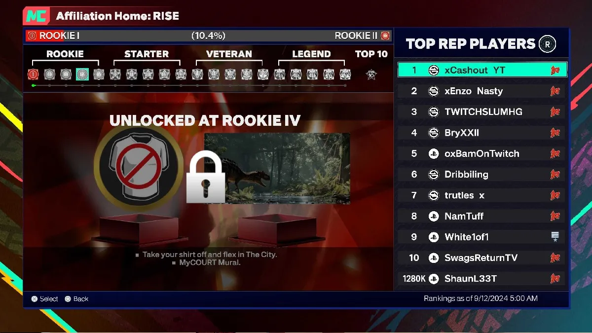 An image of the MyRISE Screen in MyCAREER in NBA 2K25 featuring the options to take off your shirt and the dinosaur mural