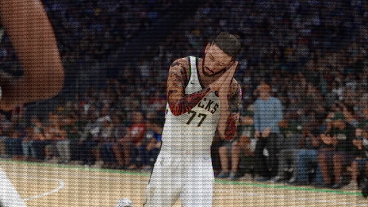 MyPLAYER hitting an emote in NBA 2K25 headlining an article detailing if you can turn off Timed Shots in Online play