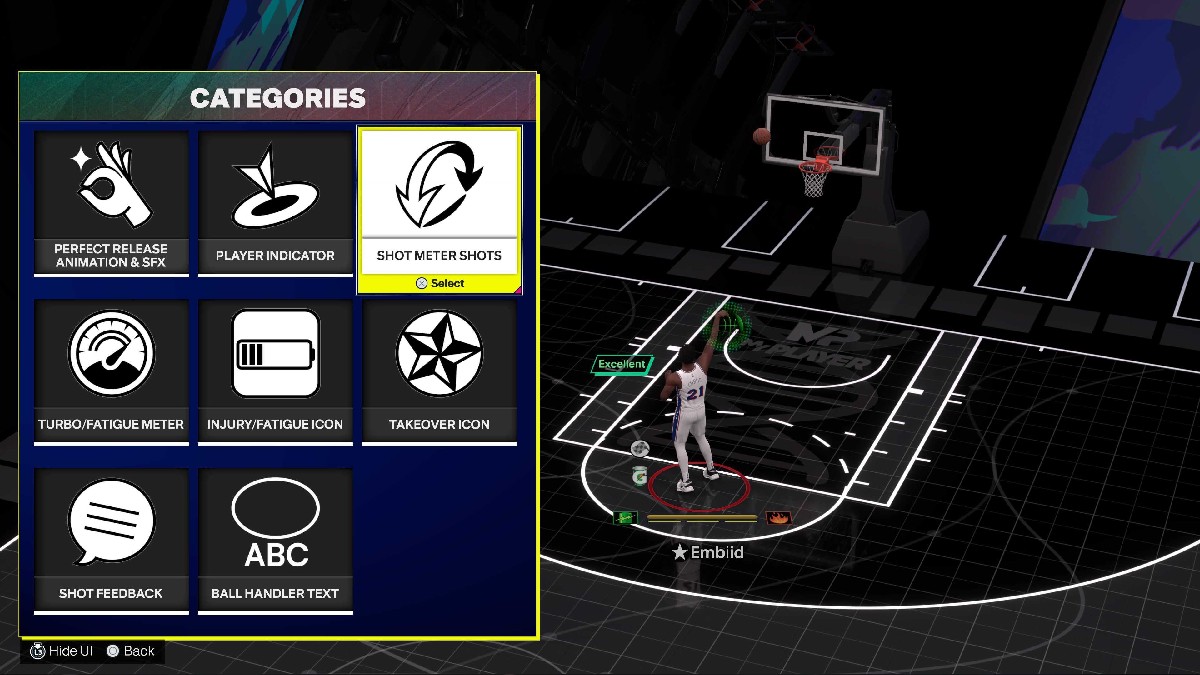 NBA 2K25 Menus with Shot Timer Visibility, with a player standing on the court showing a basket while seen from above