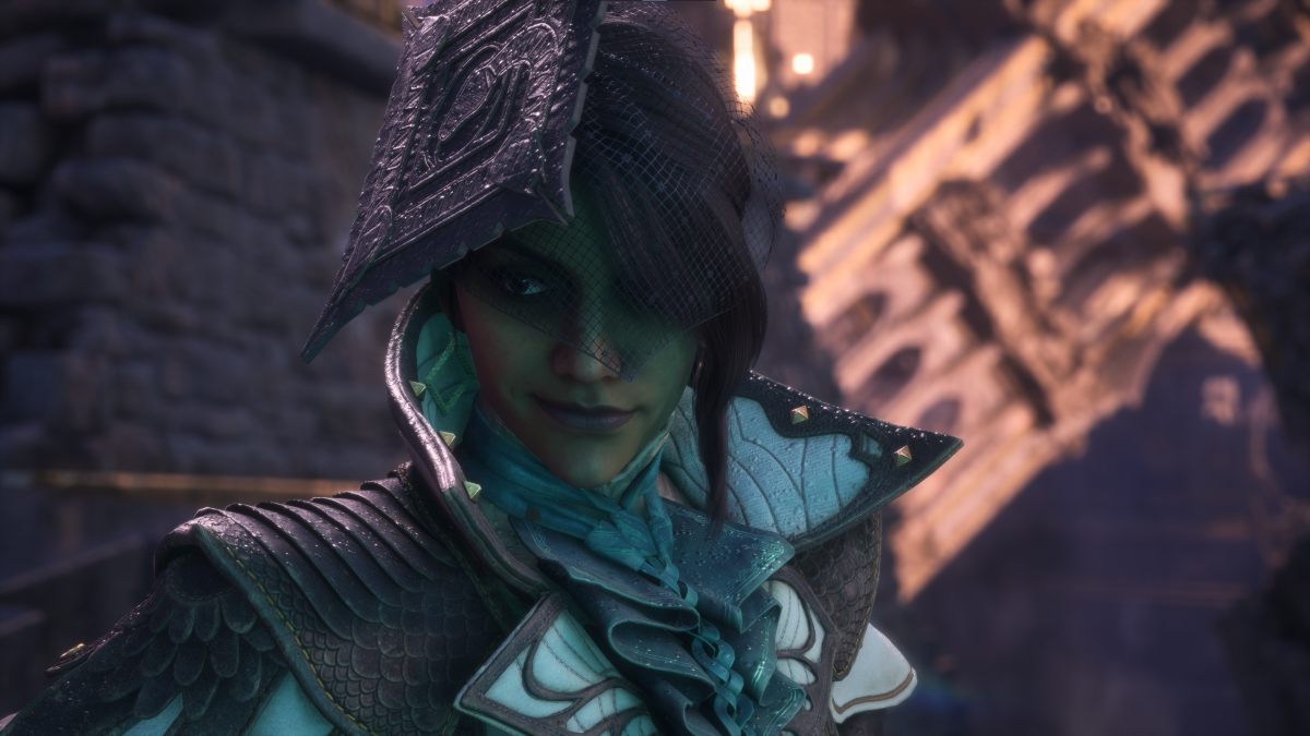 Detective Neve smirks at Rook in a cutscene in Dragon Age: The Veilguard, her face cast in shadow as she stands in a town