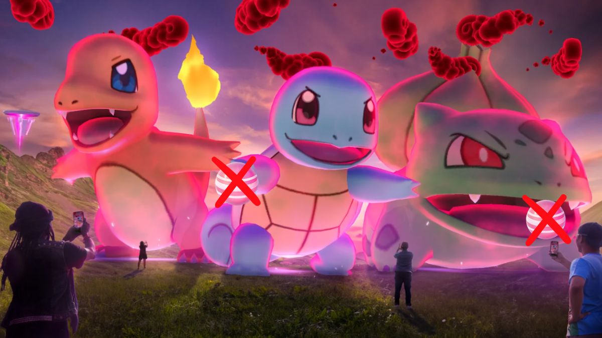 Image of three Dynamax Pokemon in Pokemon GO, holding Pokemon Candy that have a red X over them