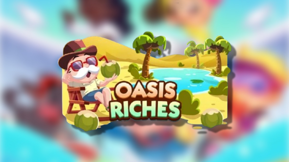 The Oasis Riches logo on top of a blurred Monopoly GO background in an article detailing the rewards and milestones for the event