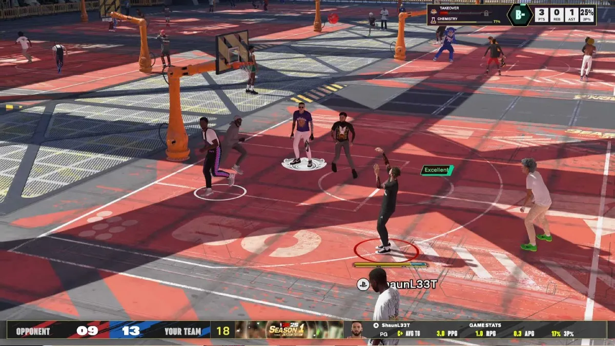 Gameplay of NBA 2K25 featuring several players on one of several red basketball courts 