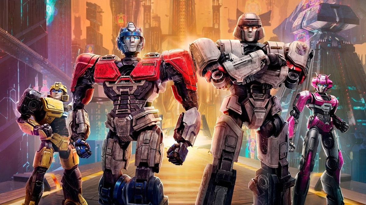 Optimus Prime Megatron and others on movie promotional poster for Transformers One